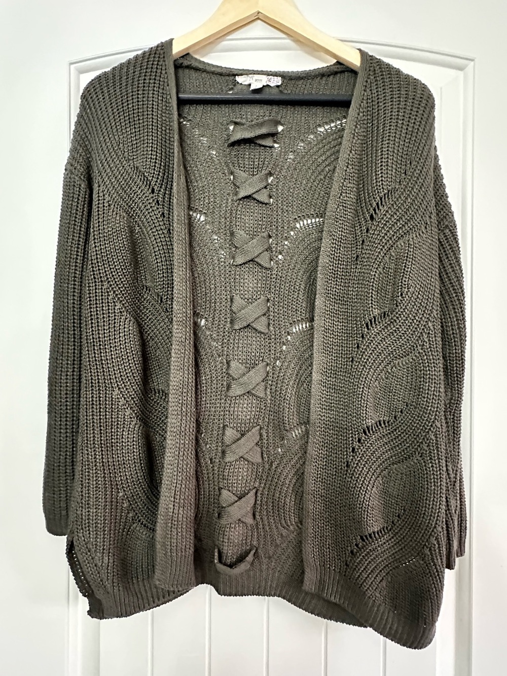 Pink Republic Olive Green Open-Front Knit Cardigan with Ladder Bow Detail Size S
